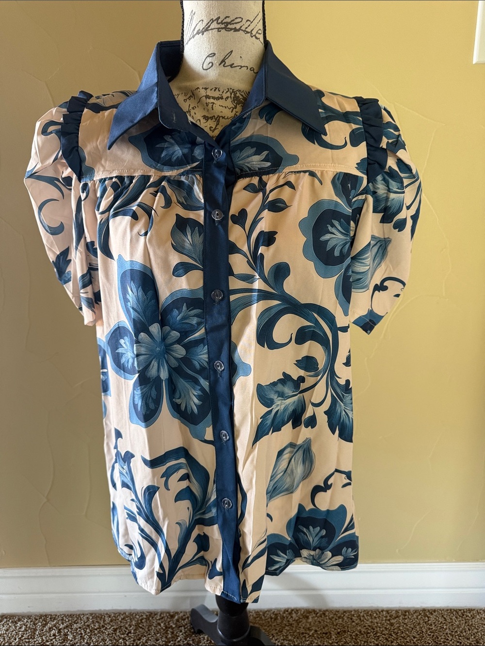 Cherry Betty Women’s Cream and Blue Floral Button-Front Top